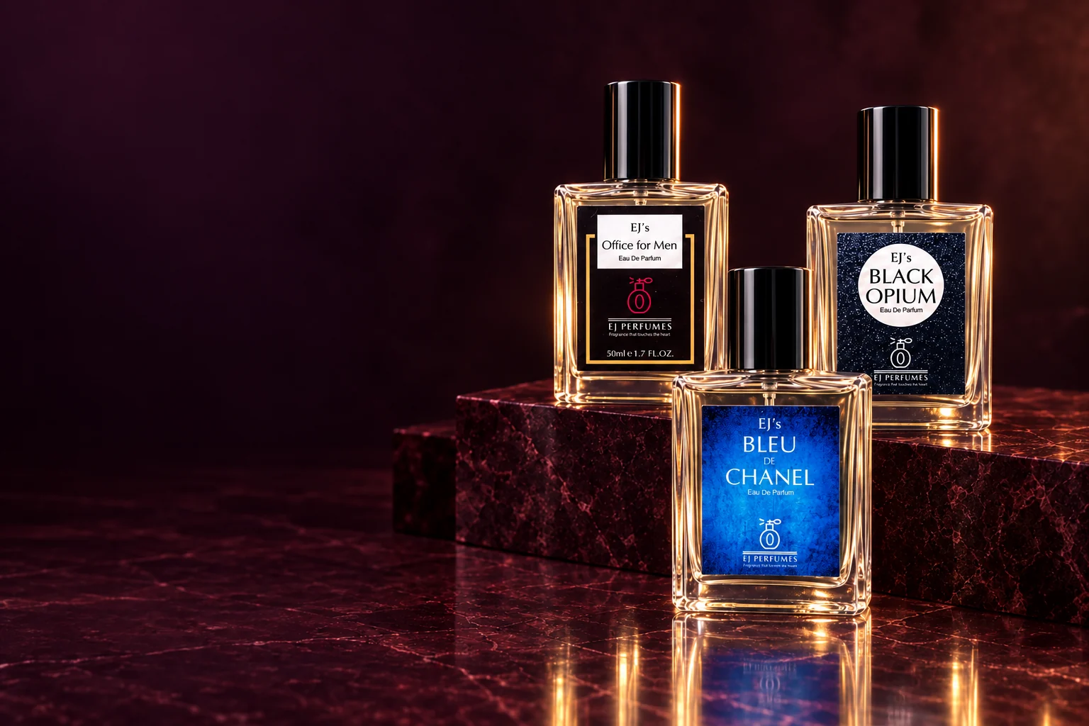Editorial arrangement of three EJ perfumes: Office for Men, Black Opium and Bleu De Chanel